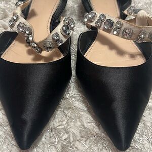 Zara Black Satin Flats W/Crystal Strap - Euro Size 41